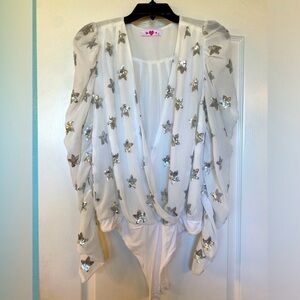 Buddy Love White Sheer Bodysuit with Silver Stars